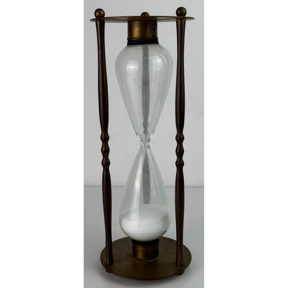 Vintage Brass & Glass Hourglass Sand Timer 60s 70s MCM Decor Patina 10-1/2" Tall
